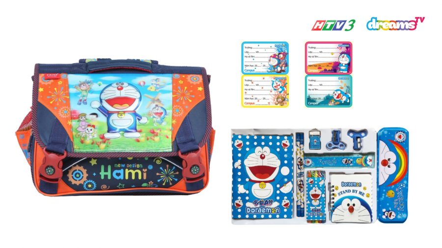 Cặp táp, bộ dùng cụ học tập, nhãn dán Doraemon ấu thơ | HTV3 DreamsTV